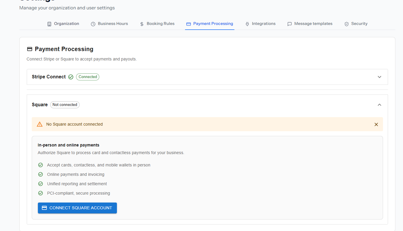 Payment processing settings